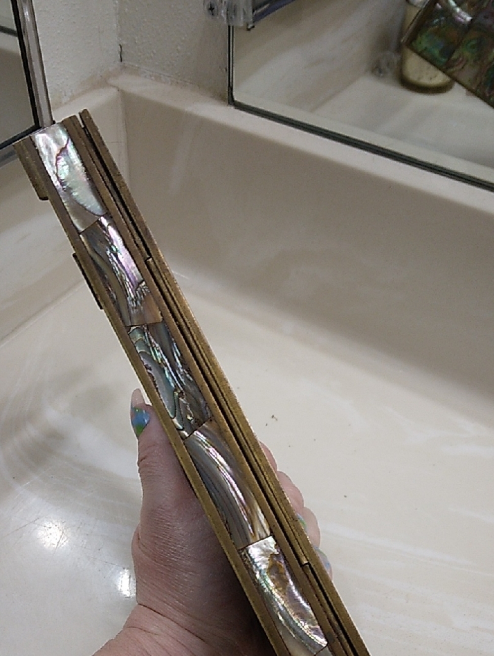 Vintage Taxco Mexico Brass Abalone Shell Mosaic Wood Lined Box - Picture 13 of 14
